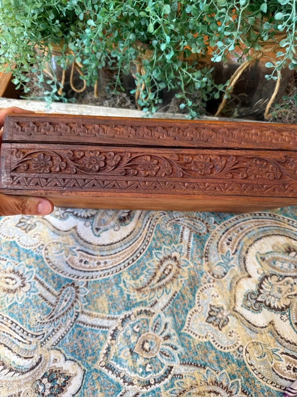Carved Wood Jewelry Box Floral Inlay Large Keepsake Chest Vintage